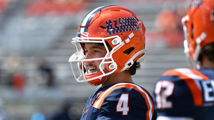 Sep 12, 2026; Champaign, Illinois, USA;  Illinois Fighting Illini quarterback Katin Houser (4) before a game with the Duke Blue Devils at Gies Memorial Stadium. Mandatory Credit: Ron Johnson-Imagn Images