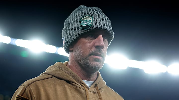 Nov 6, 2023; East Rutherford, New Jersey, USA; New York Jets injured quarterback Aaron Rodgers