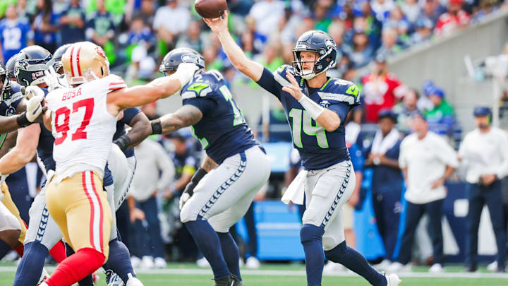 Seattle Seahawks quarterback Sam Darnold (14) passes against the San Francisco 49ers.