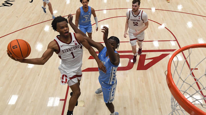 Jan 14, 2026; Stanford, California, USA; Stanford Cardinal guard Ebuka Okorie (1) shoots against North Carolina Tar Heels forward Caleb Wilson (8) in the second half at Maples Pavilion. Mandatory Credit: Eakin Howard-Imagn Images