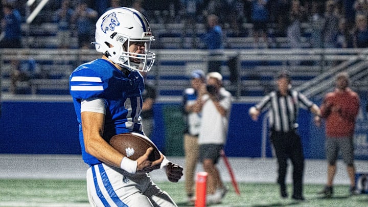 Waukee Northwest's Mack Heitland reacts after scoring a touchdown during a football game at Waukee Northwest High School on Friday, Oct. 17, 2025, in Waukee.