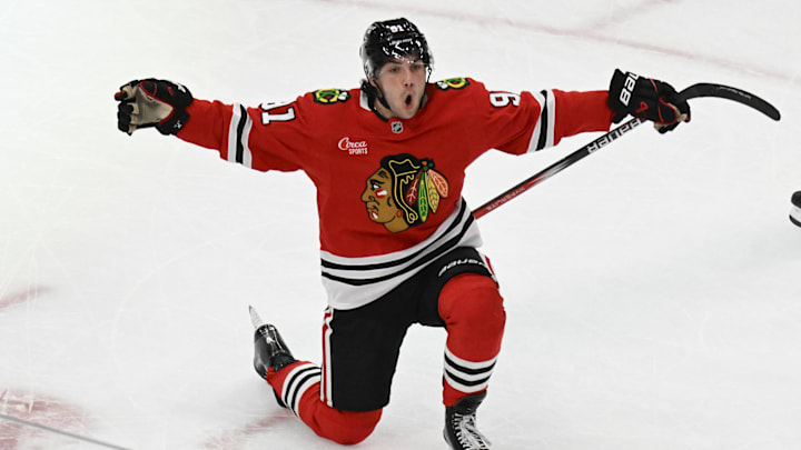 Apr 12, 2025; Chicago, Illinois, USA;  Chicago Blackhawks center Frank Nazar (91) celebrates after scoring a goal against the Winnipeg Jets during the third period at United Center. Mandatory Credit: Matt Marton-Imagn Images