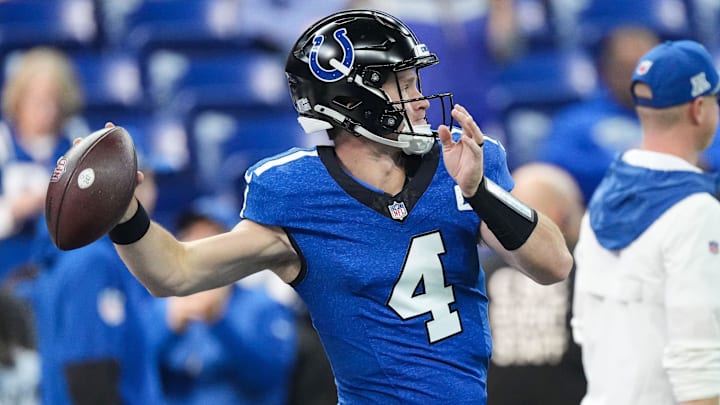 Indianapolis Colts quarterback Sam Ehlinger (4) throws the ball Sunday, Nov. 24, 2024, ahead of the game against the Detroit Lions at Lucas Oil Stadium in Indianapolis.