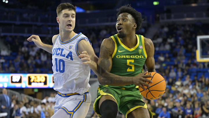 Feb 3, 2024; Los Angeles, California, USA;  UCLA Bruins guard Lazar Stefanovic (10) defends Oregon