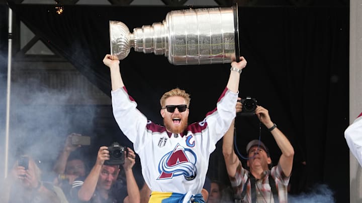 Jun 30, 2022; Denver, Colorado, USA; Colorado Avalanche left wing Gabriel Landeskog (92) during the Stanley Cup Championship Celebration. Mandatory Credit: Ron Chenoy-Imagn Images
