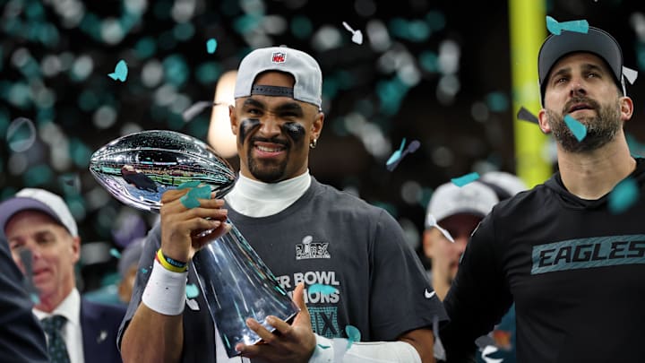 Feb 9, 2025; New Orleans, LA, USA; Philadelphia Eagles quarterback Jalen Hurts (1) celebrates with head coach Nick Sirianni after winning against Kansas City Chiefs in Super Bowl LIX at Caesars Superdome. Mandatory Credit: Geoff Burke-Imagn Images Feb 9, 2025; New Orleans, LA, USA; Philadelphia Eagles quarterback Jalen Hurts (1) celebrates with head coach Nick Sirianni after winning against Kansas City Chiefs in Super Bowl LIX at Caesars Superdome. Mandatory Credit: Geoff Burke-Imagn Images