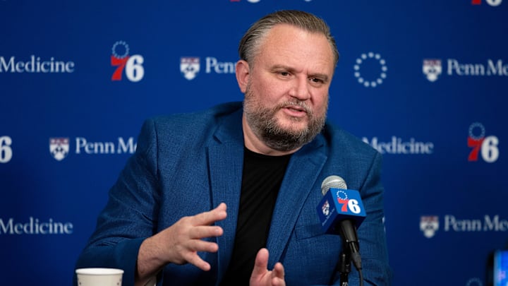 Dec 15, 2023; Philadelphia, Pennsylvania, USA; Philadelphia 76ers resident of Basketball Operations Daryl Morey speaks with the media before a game against the Detroit Pistons at Wells Fargo Center. Mandatory Credit: Bill Streicher-Imagn Images