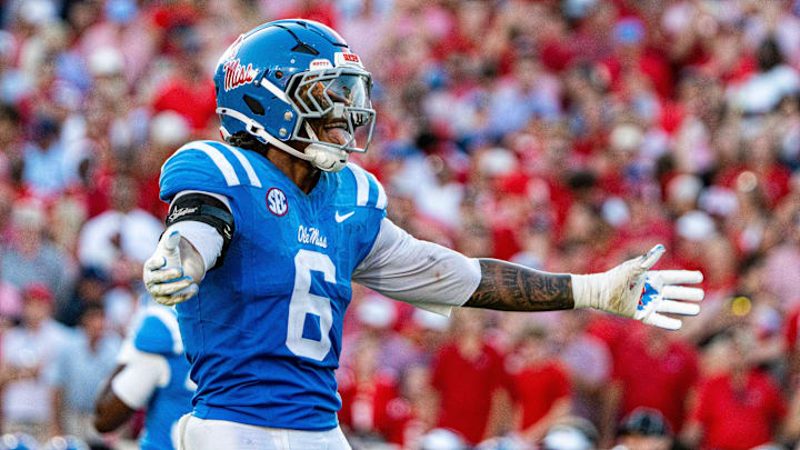 Ole Miss linebacker TJ Dottery (6) celebrates during a college football game between Ole Miss and LSU at Vaught-Hemingway Stadium in Oxford, Miss., on Saturday, Sept. 27, 2025. Ole Miss defeated LSU 24-19.