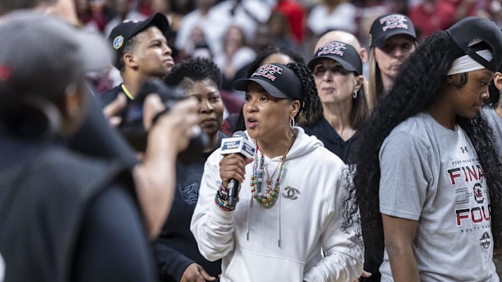 Mar 30, 2025; Birmingham, AL, USA; South Carolina Gamecocks head coach Dawn Staley gives words of thanks to the city of Birmingham and to the fans after the South Carolina Gamecocks defeated the Duke Blue Devils at an Elite 8 NCAA Tournament basketball game at Legacy Arena. Mandatory Credit: Vasha Hunt-Imagn Images