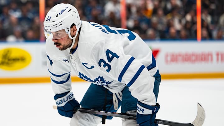 Jan 31, 2026; Vancouver, British Columbia, CAN; Toronto Maple Leafs forward Auston Matthews (34) during a stop in play against the Vancouver Canucks in the third period at Rogers Arena. Mandatory Credit: Bob Frid-Imagn Images