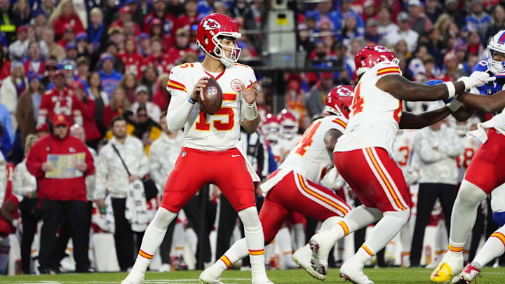Nov 17, 2024; Orchard Park, New York, USA; Kansas City Chiefs quarterback Patrick Mahomes (15) looks to throw the ball against the Buffalo Bills during the first half at Highmark Stadium. Mandatory Credit: Gregory Fisher-Imagn Images Mandatory Credit: Junfu Han/USA TODAY Network via Imagn Images 
