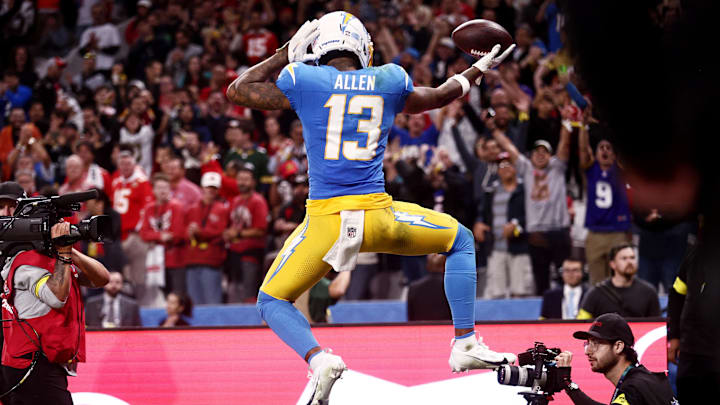 [US, Mexico & Canada customers only] Sep 5, 2025; Sao Paulo, BRAZIL;  Los Angeles Chargers wide receiver Keenan Allen (13) celebrates after scoring a touchdown against the Kansas City Chiefs in the second half during a NFL game at Corinthians Arena. Mandatory Credit: Amanda Perobelli/Reuters via Imagn Images