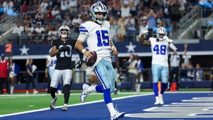 Aug 26, 2023; Arlington, Texas, USA; Dallas Cowboys quarterback Will Grier (15) runs for a Aug 26, 2023; Arlington, Texas, USA; Dallas Cowboys quarterback Will Grier (15) runs for a