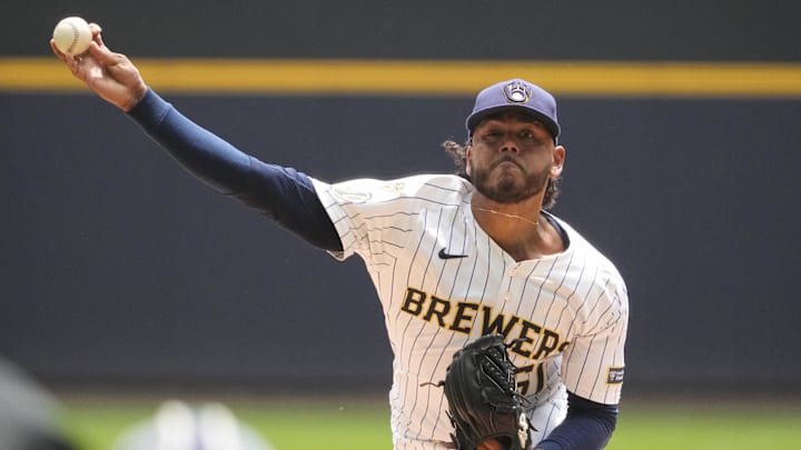 Jun 8, 2025; Milwaukee, Wisconsin, USA; Milwaukee Brewers pitcher Freddy Peralta (51) delivers a pitch against the San Diego Padres in the first inning at American Family Field. Mandatory Credit: Michael McLoone-Imagn Images Jun 8, 2025; Milwaukee, Wisconsin, USA; Milwaukee Brewers pitcher Freddy Peralta (51) delivers a pitch against the San Diego Padres in the first inning at American Family Field. Mandatory Credit: Michael McLoone-Imagn Images