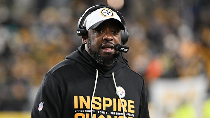 Dec 15, 2025; Pittsburgh, Pennsylvania, USA; Pittsburgh Steelers head coach Mike Tomlin looks on in the first half against the Miami Dolphins at Acrisure Stadium. Mandatory Credit: Barry Reeger-Imagn Images
