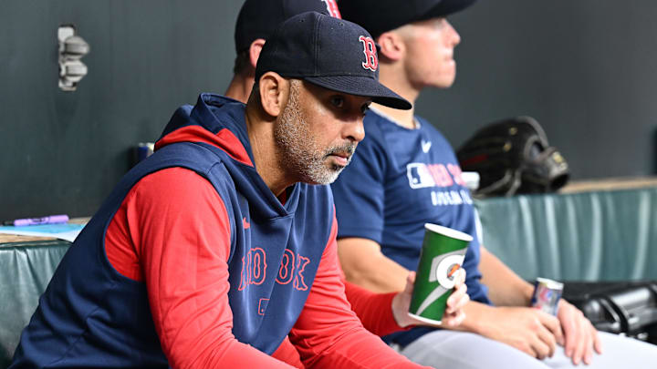 Aug 26, 2025; Baltimore, Maryland, USA; Boston Red Sox manager Alex Cora (13) sits in the dugout before the game between the Baltimore Orioles and the Boston Red Sox at Oriole Park at Camden Yards. Mandatory Credit: James A. Pittman-Imagn Images Aug 26, 2025; Baltimore, Maryland, USA; Boston Red Sox manager Alex Cora (13) sits in the dugout before the game between the Baltimore Orioles and the Boston Red Sox at Oriole Park at Camden Yards. Mandatory Credit: James A. Pittman-Imagn Images