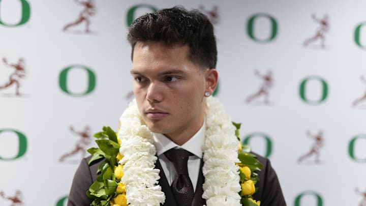 Dec 14, 2024; New York, NY, USA; Oregon Ducks quarterback Dillon Gabriel answers questions during media interviews before the 2024 Heisman Trophy Presentation. Mandatory Credit: Lucas Boland-Imagn Images