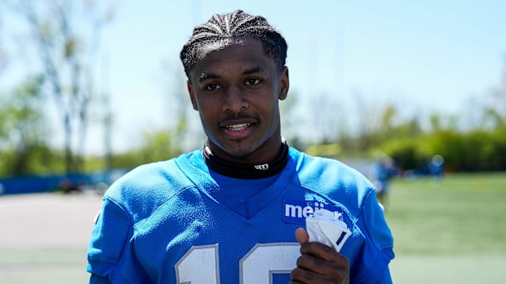 Detroit Lions wide receiver Dominic Lovett (19) speaks after practice during rookie mini camp at Meijer Performance Center in Allen Park on Friday, May 9, 2025.