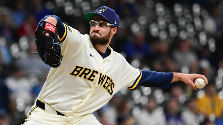 Apr 15, 2026; Milwaukee, Wisconsin, USA; Milwaukee Brewers pitcher Aaron Ashby (26) throws a pitch in the eighth inning against the Toronto Blue Jays at American Family Field. Mandatory Credit: Benny Sieu-Imagn Images