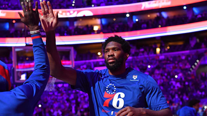 Nov 18, 2022; Philadelphia, Pennsylvania, USA; Philadelphia 76ers center Joel Embiid (21) during player introductions against the Milwaukee Bucks at Wells Fargo Center. Mandatory Credit: Eric Hartline-Imagn Images