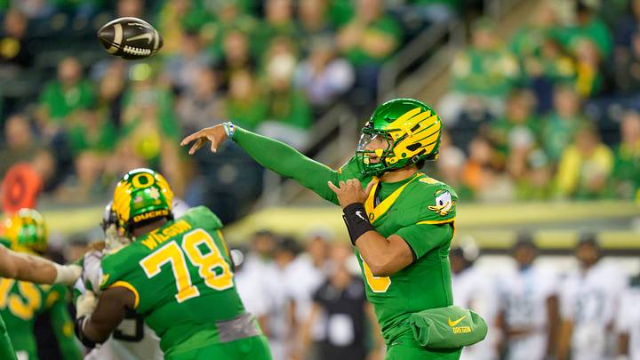 Oregon quarterback Dylan Raiola throws out a pass as the Oregon Ducks host the Portland State Vikings on Sept. 18, 2026, at Autzen Stadium in Eugene, Oregon.