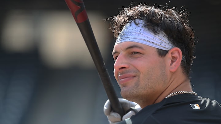 Sep 2, 2025; Pittsburgh, Pennsylvania, USA;  Pittsburgh Pirates infielder Nick Yorke (38) at the batting cage before the game against the Los Angeles Dodgers at PNC Park. Mandatory Credit: Charles LeClaire-Imagn Images