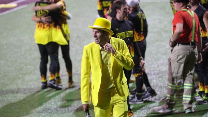 Banana Ball founder Jesse Cole watches as the Party Animals celebrate following the Banana Ball championship game on Saturday, October 11, 2025 at Historic Grayson Stadium.