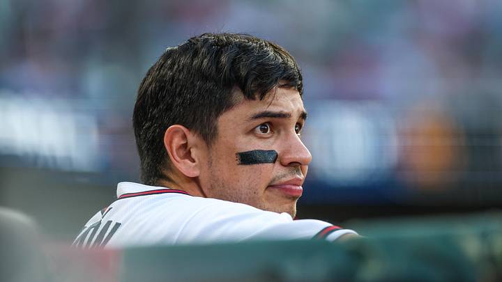 Jun 17, 2026; Cumberland, Georgia, USA; Atlanta Braves shortstop Mauricio Dubon (14) in the dugout during the game against the San Francisco Giants during the second inning at Truist Park. Mandatory Credit: Jordan Godfree-Imagn Images