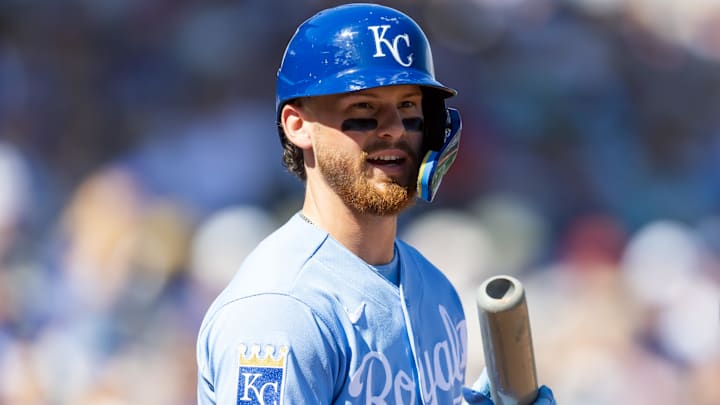 Feb 25, 2026; Surprise, Arizona, USA; Kansas City Royals shortstop Bobby Witt Jr. against the Seattle Mariners during a spring training game at Surprise Stadium. Mandatory Credit: Mark J. Rebilas-Imagn Images