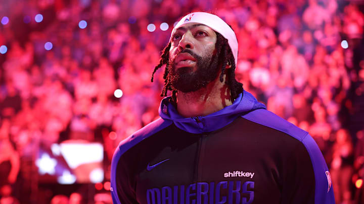Apr 5, 2025; Inglewood, California, USA;  Dallas Mavericks forward Anthony Davis (3) looks on during the National Anthem before the game against the Los Angeles Clippers at Intuit Dome. Mandatory Credit: Kiyoshi Mio-Imagn Images