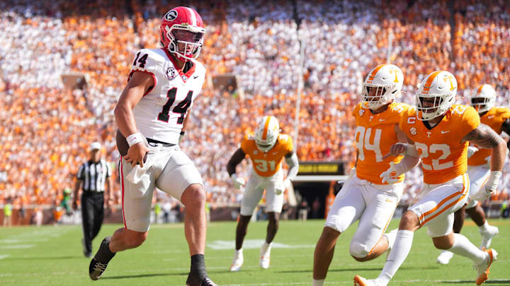 Georgia quarterback Gunner Stockton (14) runs the ball in for a touchdown during an NCAA college football game against Tennessee on September 13, 2025, Knoxville, Tennessee.