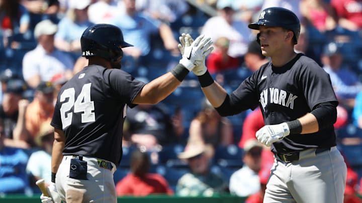 Mar 19, 2025; Clearwater, Florida, USA; New York Yankees first base Ben Rice (93) is congratulated by outfielder Jasson Dominguez (24) after he hit a home run. Mar 19, 2025; Clearwater, Florida, USA; New York Yankees first base Ben Rice (93) is congratulated by outfielder Jasson Dominguez (24) after he hit a home run.