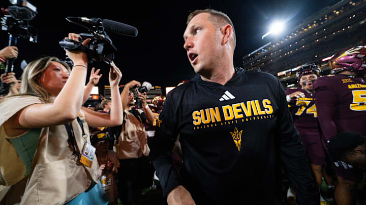 Sep 13, 2025; Tempe, Arizona, USA;  Arizona State Sun Devils head coach Kenny Dillingham looks around after a game against Texas State Bobcats at Mountain America Stadium. Mandatory Credit: Arianna Grainey-Imagn Images