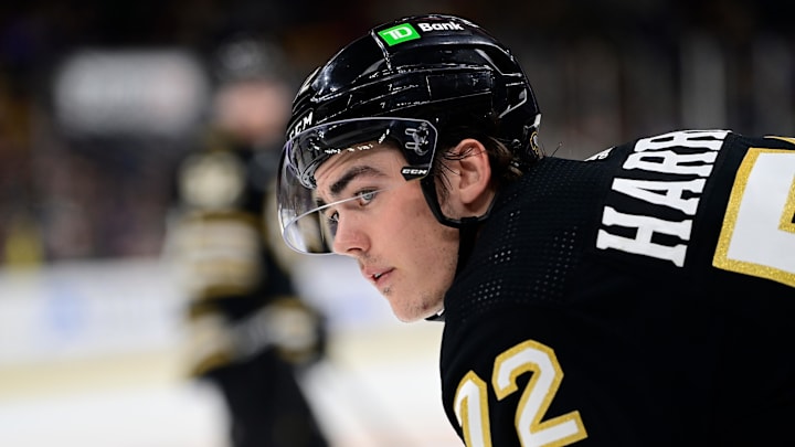 Sep 24, 2023; Boston, Massachusetts, USA; Boston Bruins center Brett Harrison (72)  waits for play to begin during the third period against the New York Rangers at TD Garden.