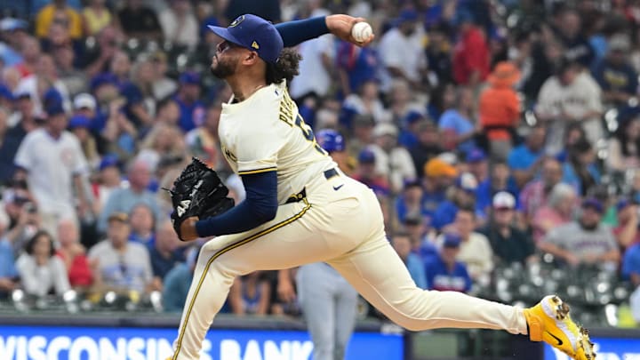 Jul 30, 2025; Milwaukee, Wisconsin, USA; Milwaukee Brewers starting pitcher Freddy Peralta (51) throws a pitch in the first inning against the Chicago Cubs at American Family Field. Mandatory Credit: Benny Sieu-Imagn Images