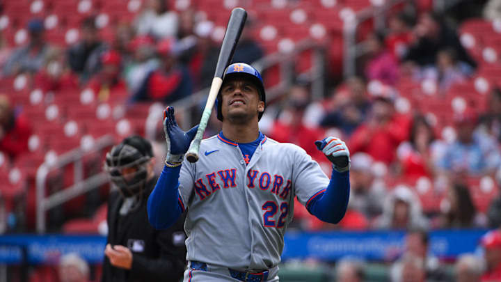 Apr 1, 2026; St. Louis, Missouri, USA; New York Mets left fielder Juan Soto (22) flips his bat after striking out against the St. Louis Cardinals during the fourth inning at Busch Stadium. Mandatory Credit: Jeff Curry-Imagn Images