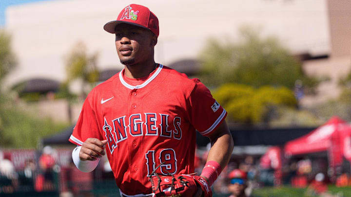 Feb 24, 2026; Tempe, Arizona, USA; Los Angeles Angels infielder Kyren Paris (19) trots back to the dugout after the second inning against the San Francisco Giants during a spring training game  at Tempe Diablo Stadium. Mandatory Credit: Allan Henry-Imagn Images