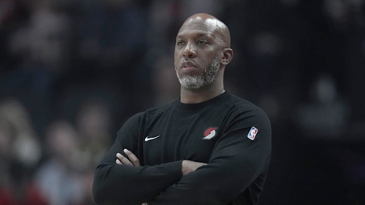 Dec 30, 2024; Portland, Oregon, USA; Portland Trail Blazers head coach Chauncey Billups watches from the sideline during the first half against the Philadelphia 76ers at Moda Center. Mandatory Credit: Soobum Im-Imagn Images