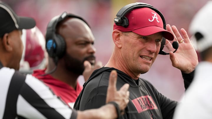 Alabama head coach Kalen Deboer talks on the sideline during the Rose Bowl against Indiana