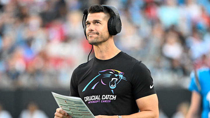 Oct 13, 2024; Charlotte, North Carolina, USA; Carolina Panthers head coach Dave Canales on the sidelines in the second quarter at Bank of America Stadium. Mandatory Credit: Bob Donnan-Imagn Images