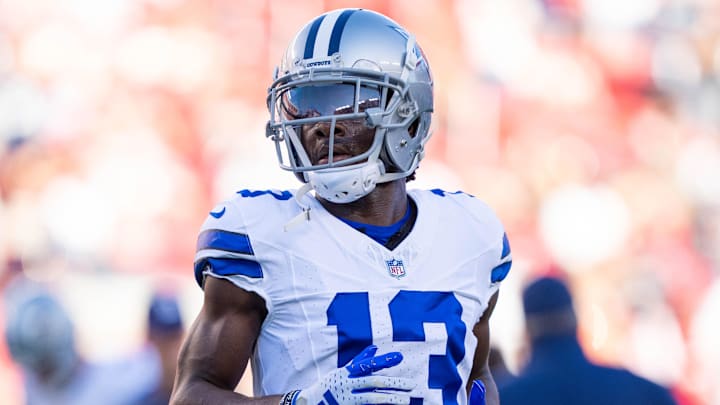 October 8, 2023; Santa Clara, California, USA; Dallas Cowboys wide receiver Michael Gallup (13) warms up before the game against the San Francisco 49ers at Levi's Stadium.