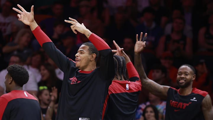 Jan 1, 2025; Miami, Florida, USA; The Miami Heat bench celebrates against the New Orleans Pelicans during the first half at Kaseya Center. Mandatory Credit: Rhona Wise-Imagn Images Jan 1, 2025; Miami, Florida, USA; The Miami Heat bench celebrates against the New Orleans Pelicans during the first half at Kaseya Center. Mandatory Credit: Rhona Wise-Imagn Images