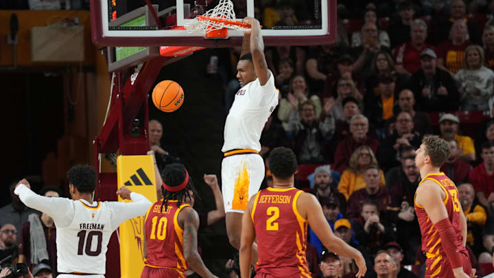 Jan 25, 2025; Tempe, Arizona, USA; Arizona State Sun Devils center Shawn Phillips Jr. (9) dunks against the Iowa State Cyclones during the second half at Desert Financial Arena. Mandatory Credit: Joe Camporeale-Imagn Images