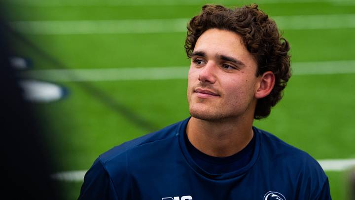 Penn State quarterback Rocco Becht talks with reporters during football media day in Holuba Hall, Friday, August 7, 2026, in State College. Penn State quarterback Rocco Becht talks with reporters during football media day in Holuba Hall, Friday, August 7, 2026, in State College.