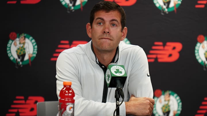 Oct 2, 2023; Boston, Celtics, USA; Boston Celtics president of basketball operations Brad Stevens talks during Boston Celtics Media Day. Mandatory Credit: David Butler II-Imagn Images