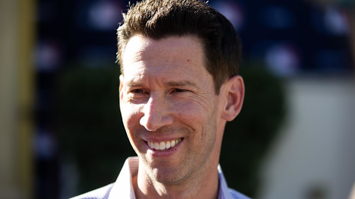 Nov 7, 2023; Scottsdale, AZ, USA; Boston Red Six chief baseball officer Craig Breslow speaks to the media during the MLB General Manager's Meetings at Omni Scottsdale Resort & Spa. Mandatory Credit: Mark J. Rebilas-Imagn Images