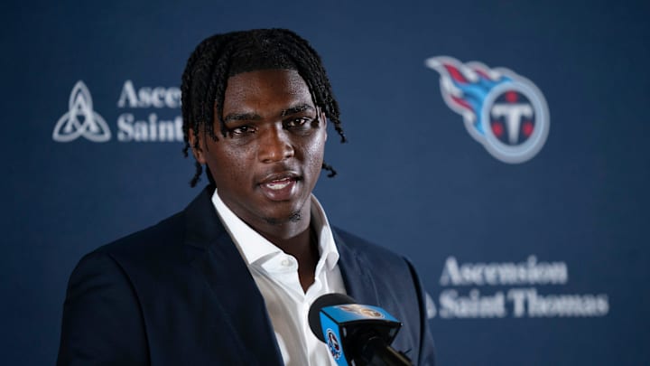 Cam Ward fields questions after being introduced as the Tennessee Titans first-round pick – and overall number one pick – in the NFL Draft at Ascension Saint Thomas Sports Park in Nashville, Tenn., Friday, April 25, 2025.