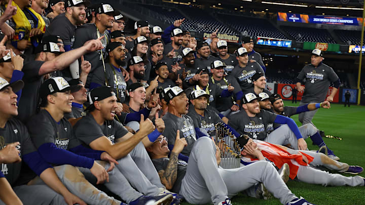 Oct 31, 2024; New York, New York, USA; Los Angeles Dodgers celebrate after winning the 2024 MLB World Series against the New York Yankees at Yankee Stadium. Mandatory Credit: Vincent Carchietta-Imagn Images