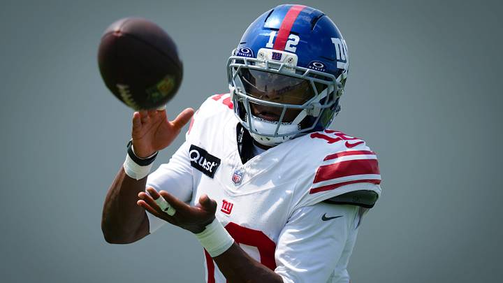 New York Giants cornerback Colton Hood (12) catches the ball while training at Quest Diagnostics Training Center, Aug 10, 2026, East Rutherford, NJ, USA.