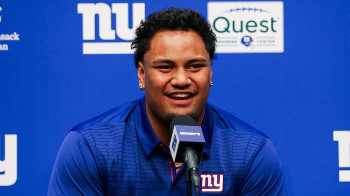 Apr 24, 2026; East Rutherford, NJ, USA; New York Giants draft pick Francis Mauigoa addresses the media during the introductory press conference at Quest Diagnostics Training Center. Mandatory Credit: Tom Horak-Imagn Images